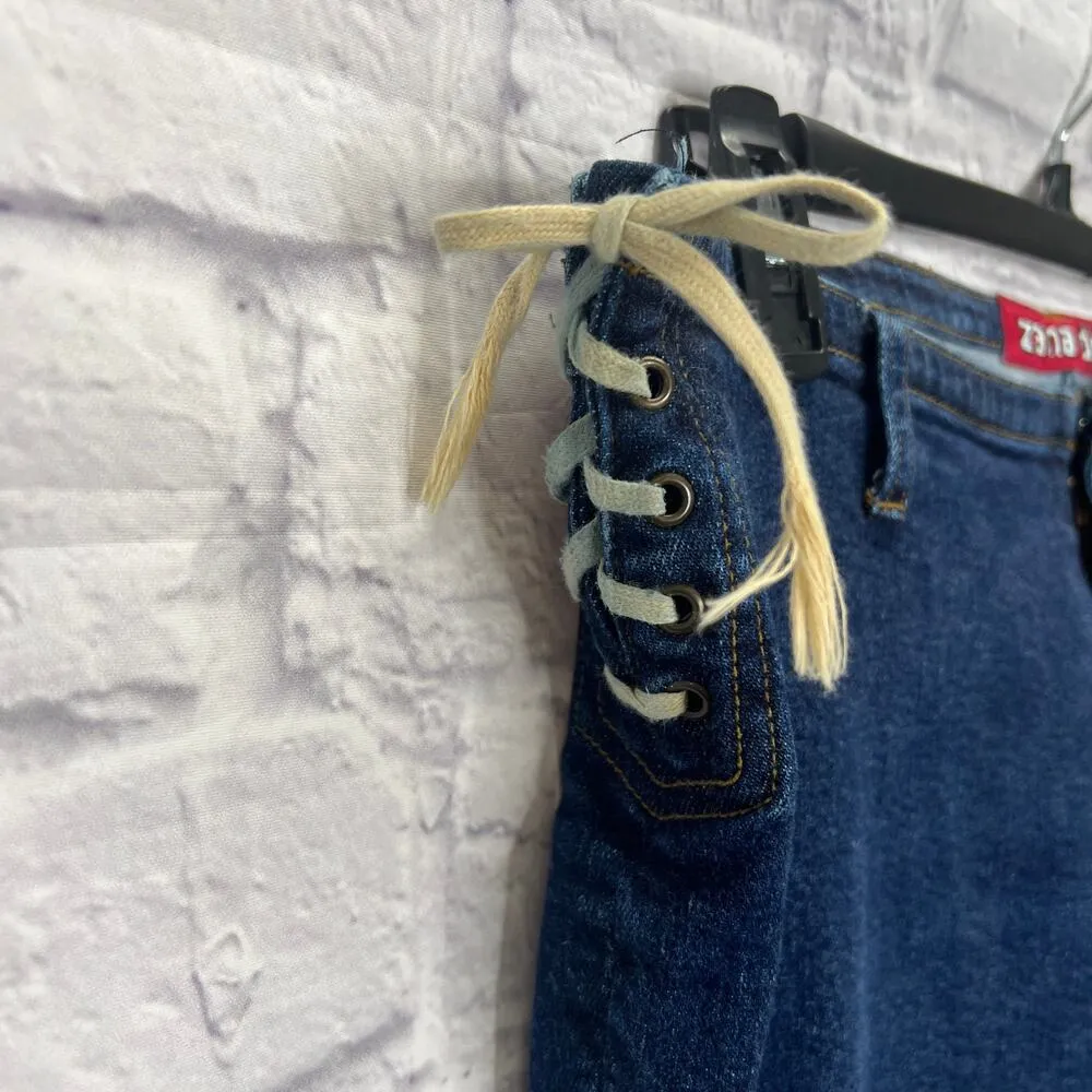 Vintage Y2K Zana Di Flare Jeans Side Lace Up Tie Size 13 Stretch Dark Wash Low - Image 3