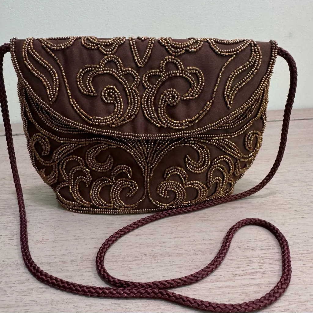Vintage Walbaeg Beaded Satin Evening Bag Dressy Formal Purse‎ Brown Crossbody - Image 14