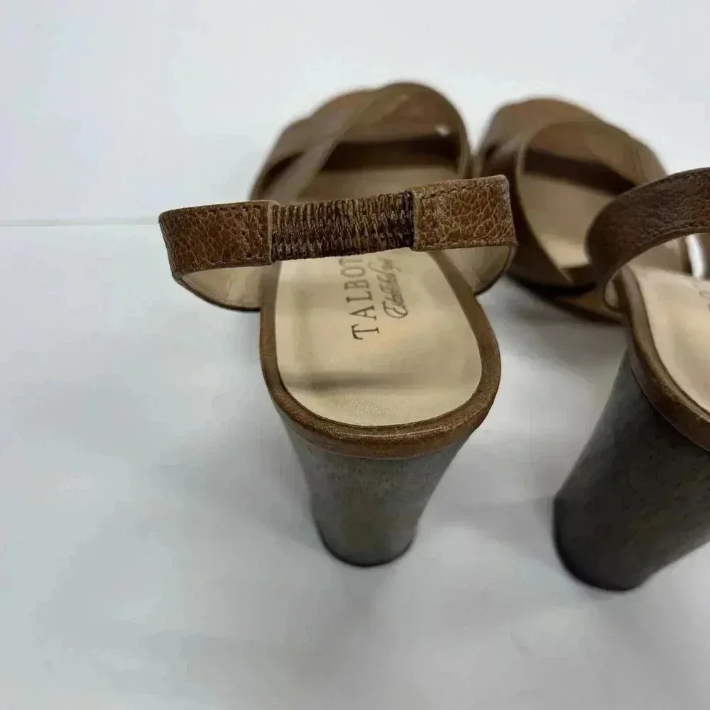 Talbots Leather Beige Strappy Sandals Wood Block Heel size 7.5 - Image 7
