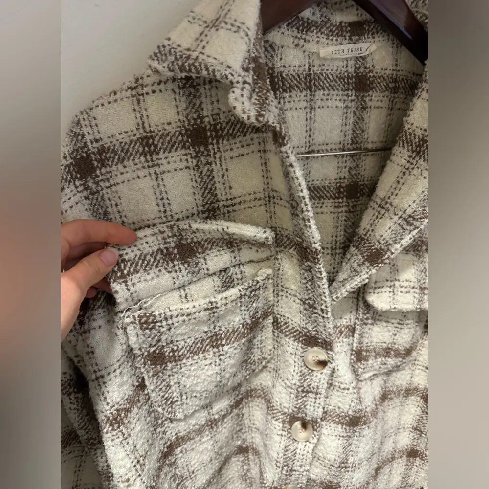 12th Tribe Beige Plaid Textured Jacket - Image 4
