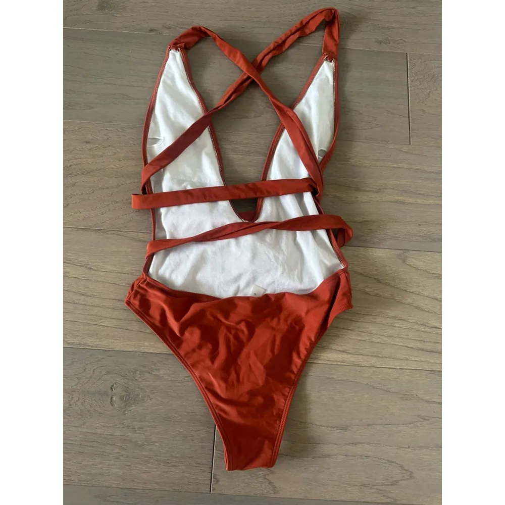 One Piece Plunge Knot Front Rust Swimsuit Size Small Red - Image 5