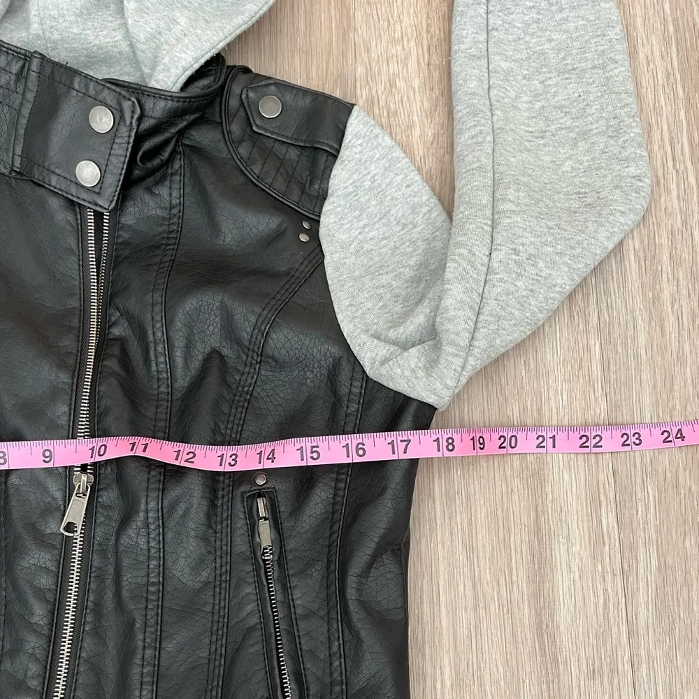 Last Kiss Y2K Black Leather Hybrid Gray Hooded Zip Moto Jacket Size Medium - Image 12