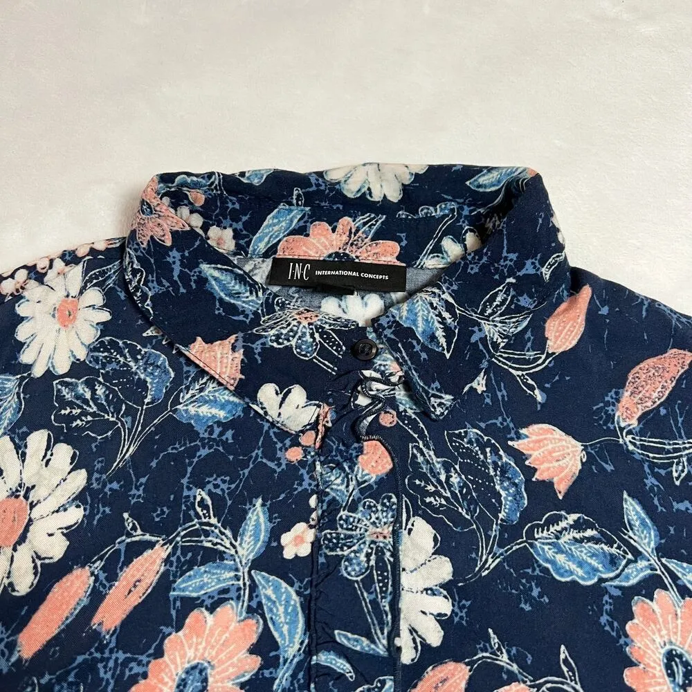 INC International Concepts Floral Print Button Up w/ Waist Tie Size Med Preppy Blue - Image 4