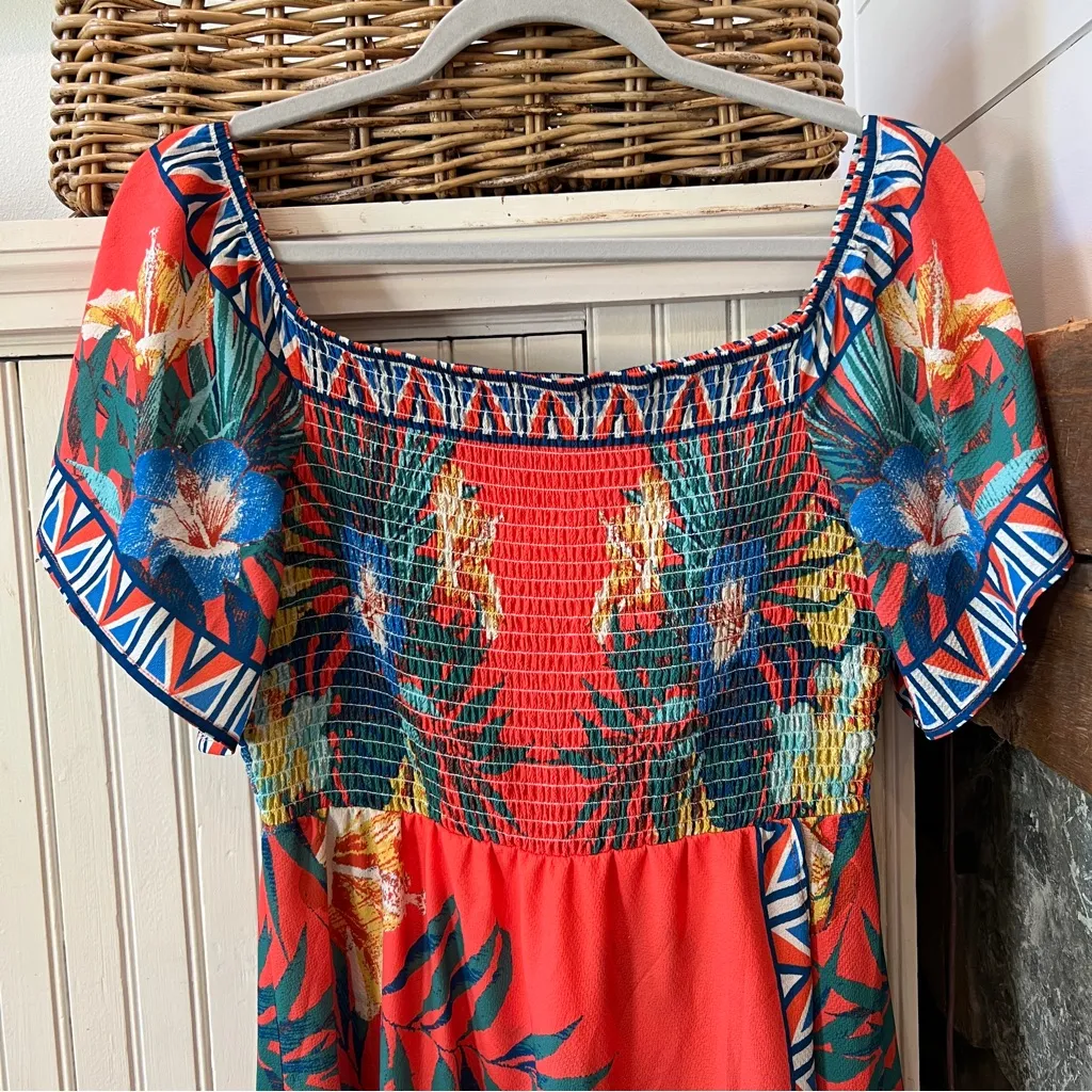 Jealous Tomato Tropical Floral Dress Smocked Front Short Sleeve Size Large - Image 2
