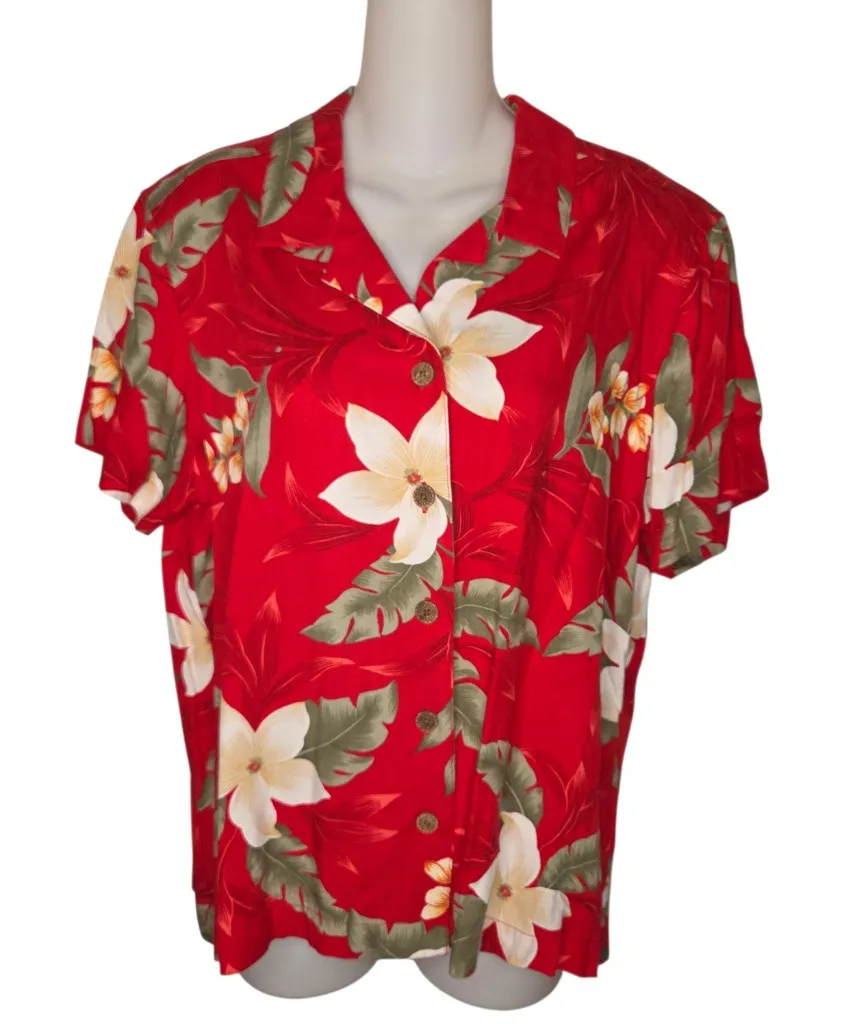 Caribbean Joe Vintage Women's Rayon Hawaiian Button-Down Blouse Top Size PL - Image 1