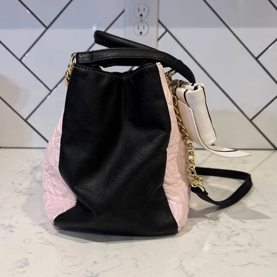Betsey Johnson faux leather satchel quilted rose pattern striped bow pink black - Image 4