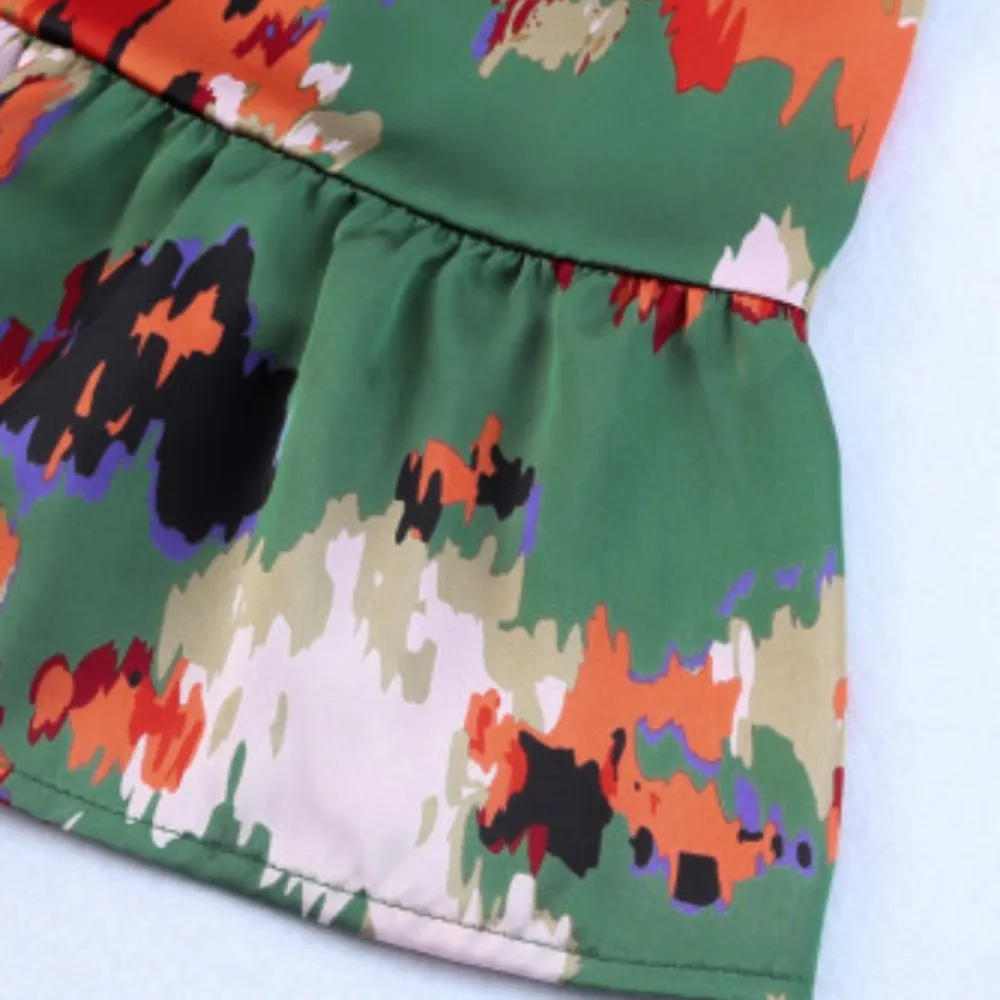 NEW Green Abstract Multicolor Print Belted Ruffle Hem Satin Mini Dress Size M - Image 10