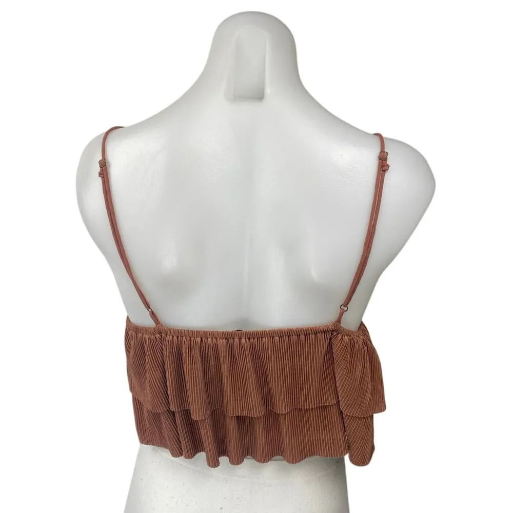 Dress Forum Brown Plisse Pleated Sleeveless Tiered Ruffle Cami Tank Crop Top M - Image 2