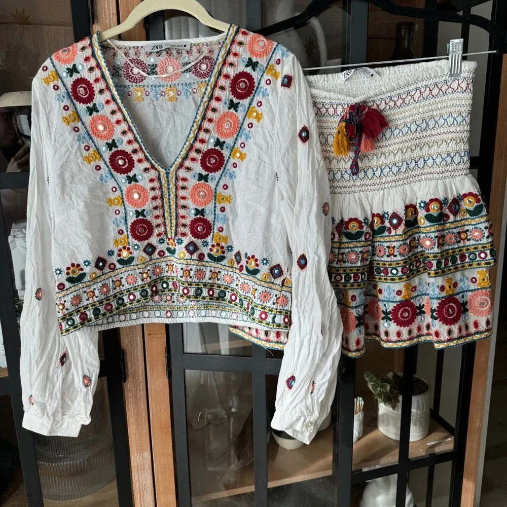 Zara Embroidered Set embellished beaded skirt top boho colorful long sleeve crop - Image 14