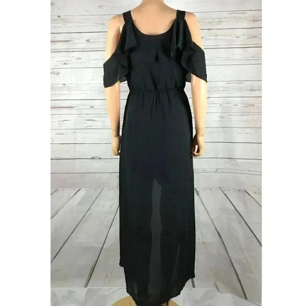 XOXO Juniors' Ruffled Cold-Shoulder High-Low Maxi Chiffon Black Dress NWT XS - Image 5