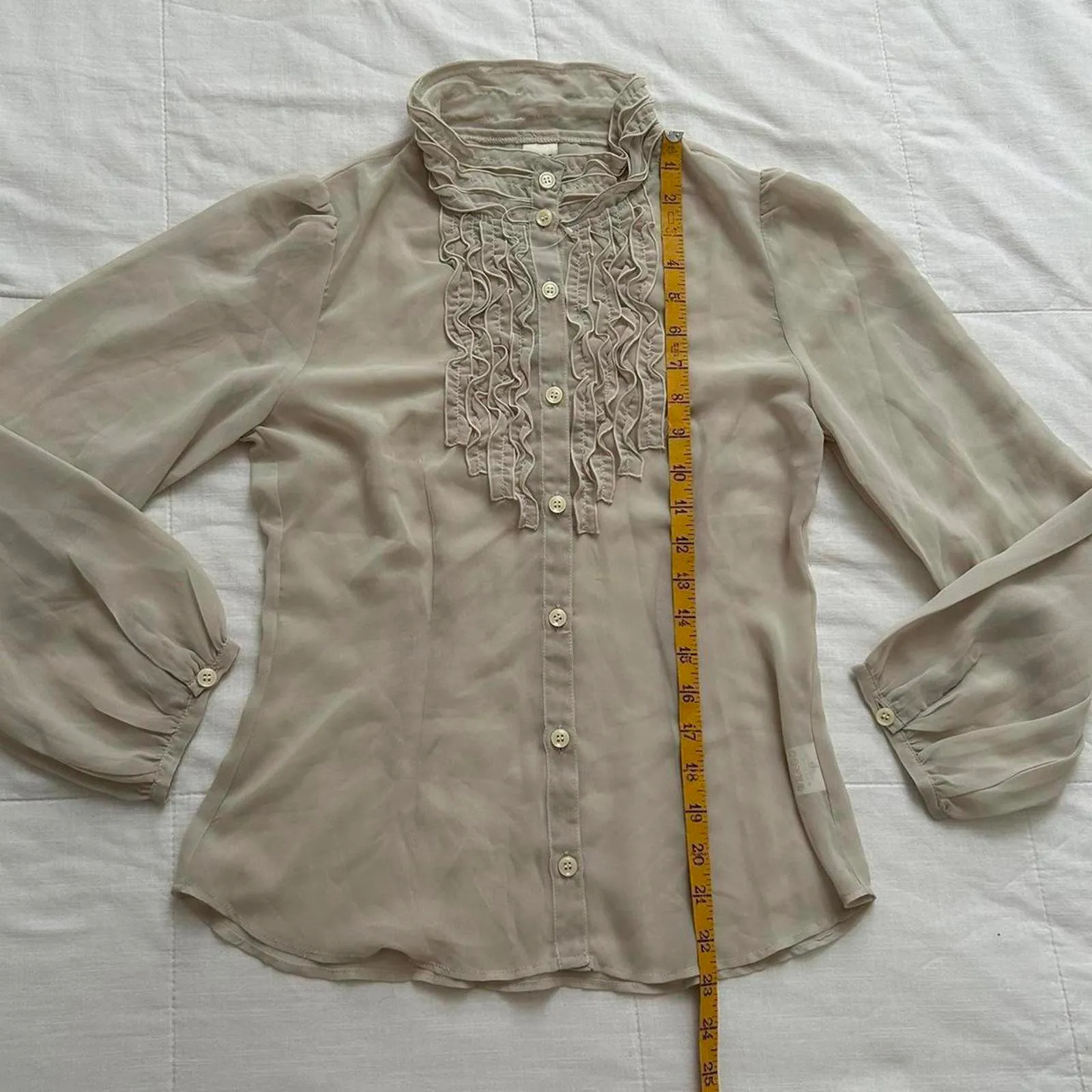 Axes Femme sheer cream blouse with ruffled collar and long sleeves Size medium Tan - Image 8