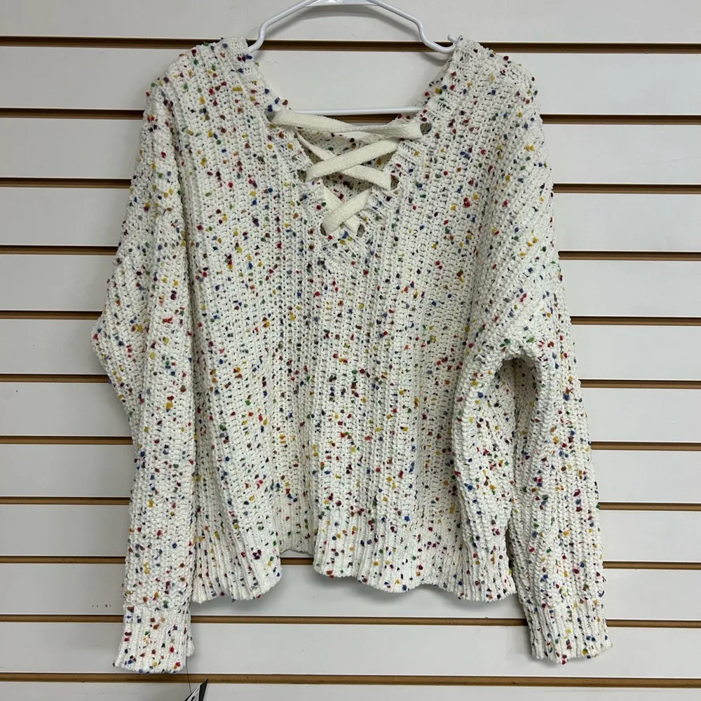 I.N. San Francisco NWT XL White Rainbow Confetti Chenille V-Neck Sweater Knit - Image 5