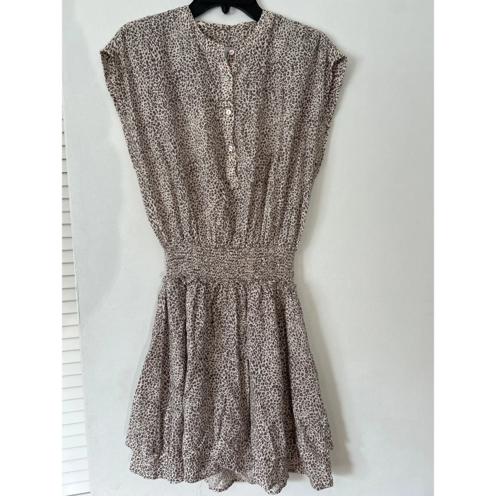Rails Angelina Sand Cheetah Mini Dress Short Sleeve Smocked Waist Linen Blend  S - Image 2