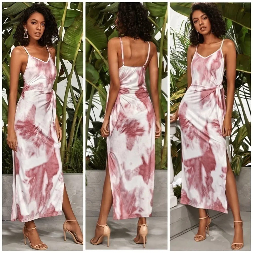 Womens White Red Tie Dye Knot Side Split Thigh Bodycon Maxi Cami Dress Size XL - Image 3
