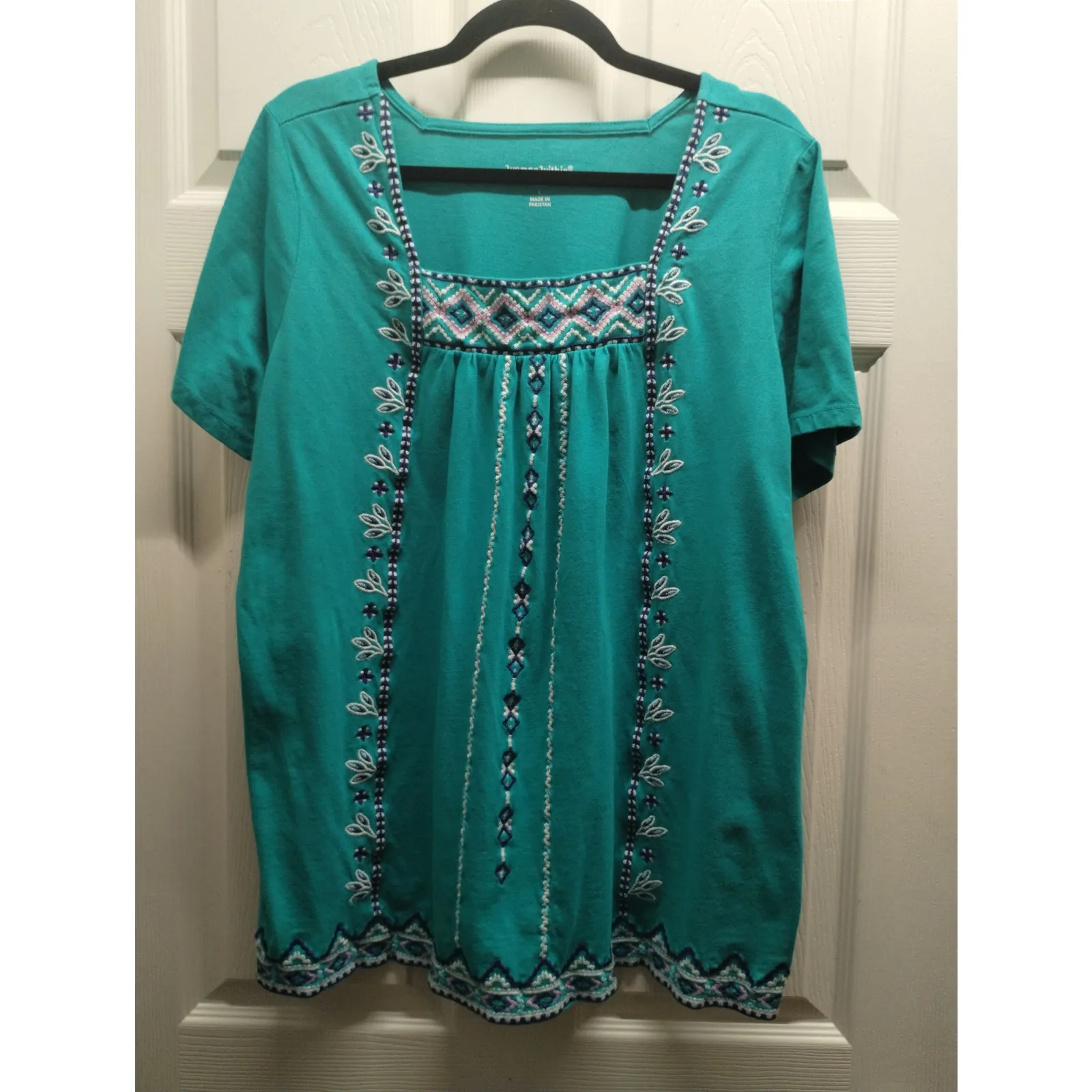 Woman Within Size 18/20 Teal Geo Aztec Embroidered Square Neck Tunic Top READ - Image 2
