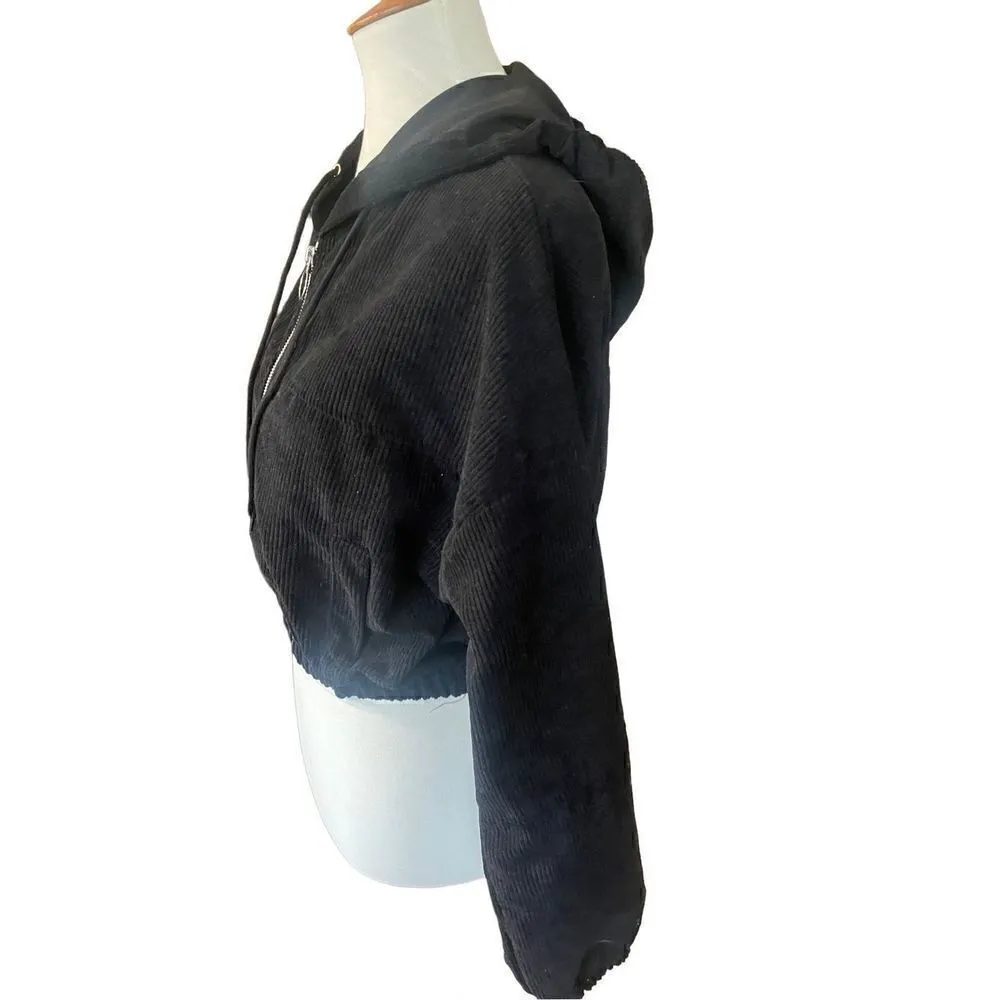 SHEIN Black Cropped Corduroy Hooded Long Sleeve Full Zip Jacket Size Small-NWOT - Image 6