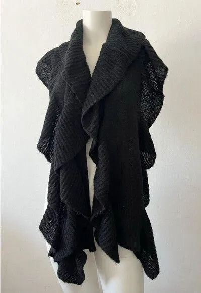 Vintage Renoma Paris Back Ruffled Infinity Long Knit Scarf Cape Vest Black - Image 1