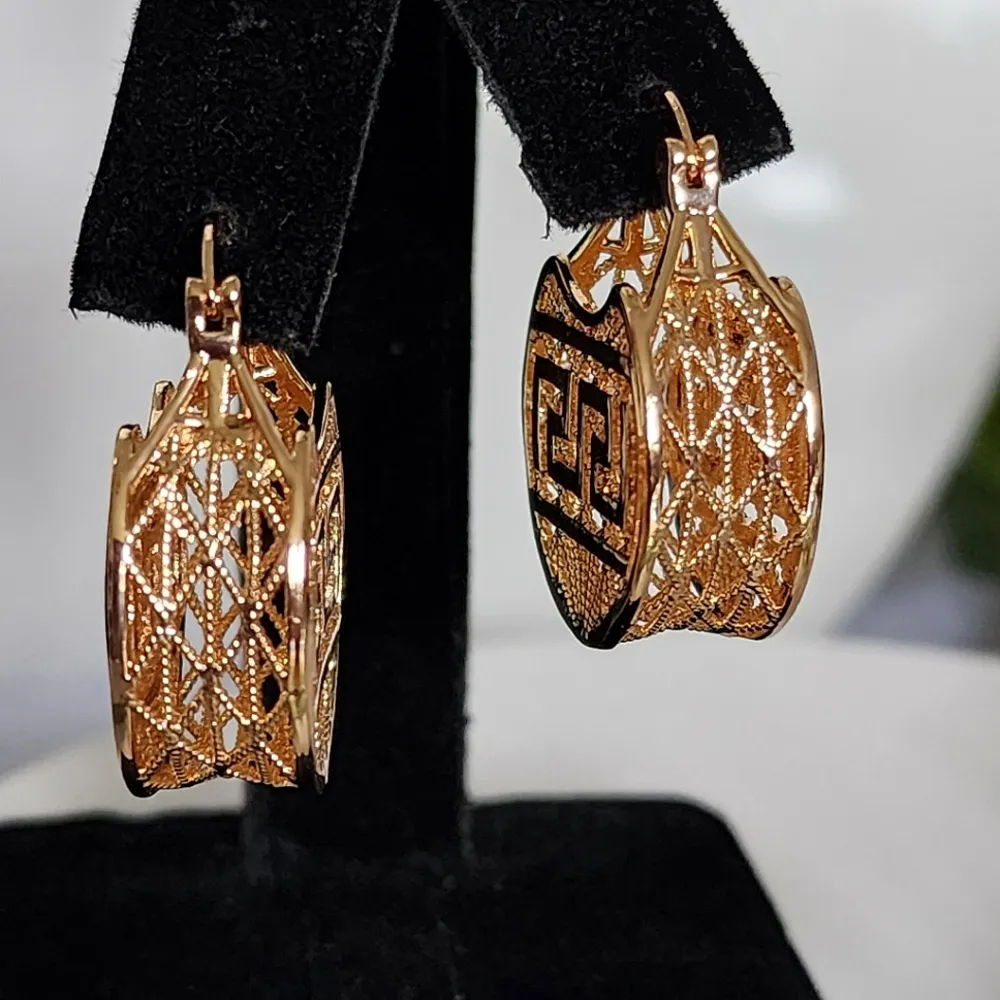Gold Filled Basket Style Hoop Earrings Greek Key New - Image 3