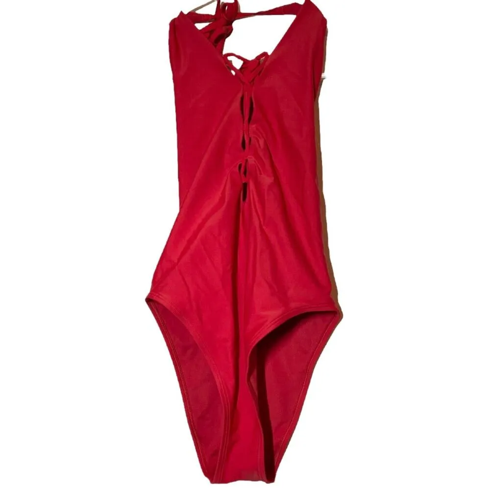 Aerie Lace Up One Piece Swimsuit Red Halter Neck Small - Image 2
