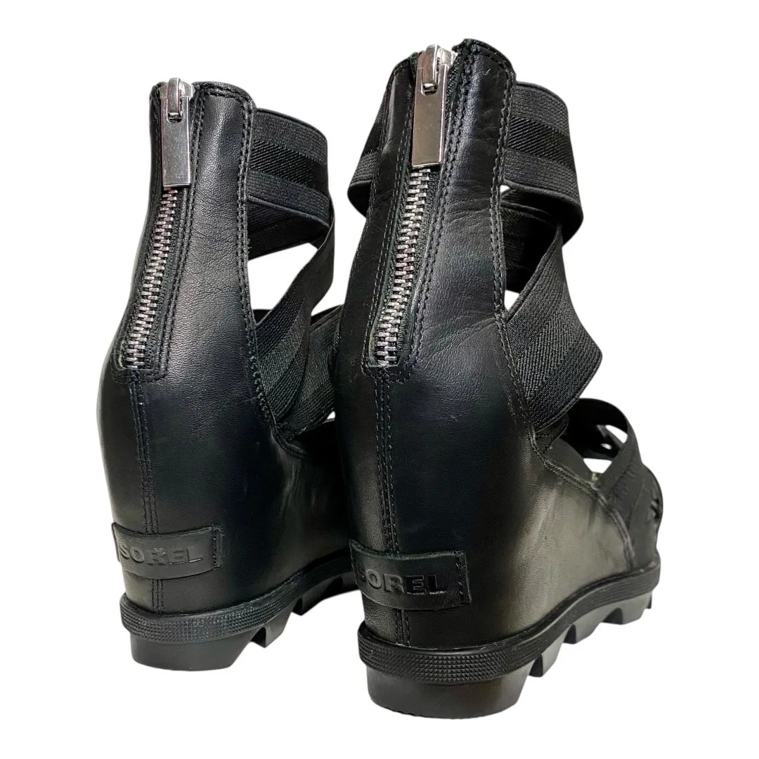 Sorel Joanie II Black Platform Wedge Sandals Sz 9 Elastic Strap Leather - Image 6