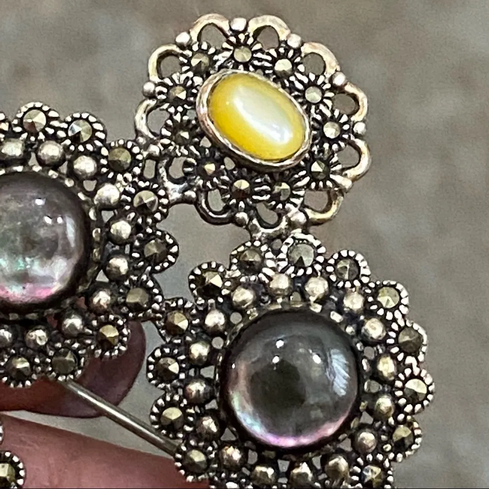 Vintage 925 Sterling Silver Filigree Marcasite Abalone Yellow Moonstone Brooch - Image 10