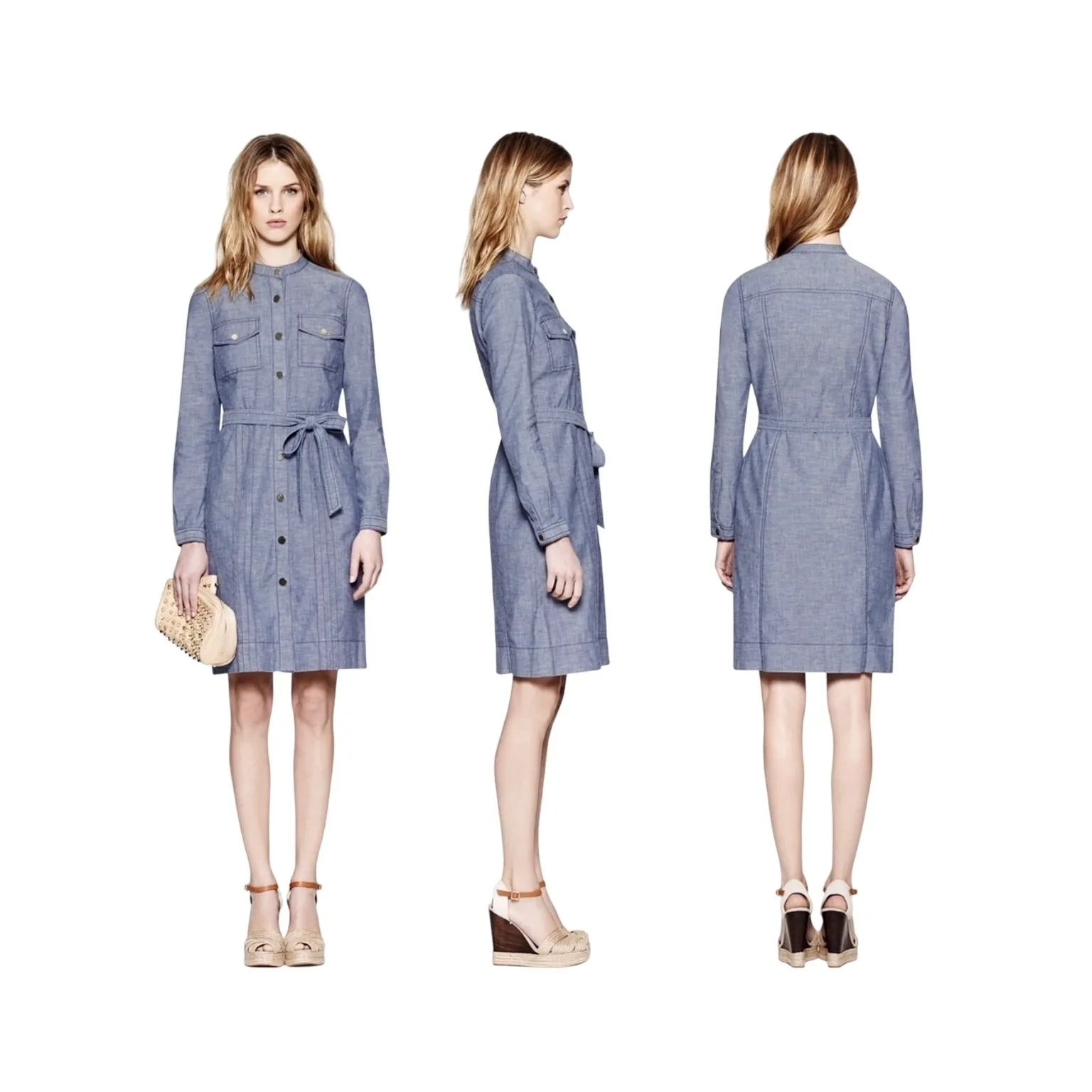 Tory Burch Cora Chambray Shirt Dress Stonewash Belted Long Sleeve‎ Blue Size 2 - Image 2