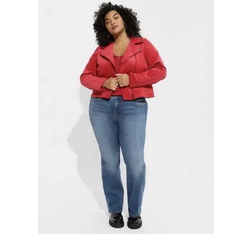 Torrid Red Velveteen Zip Up‎ Moto Jacket Size 2X Pockets - Image 2