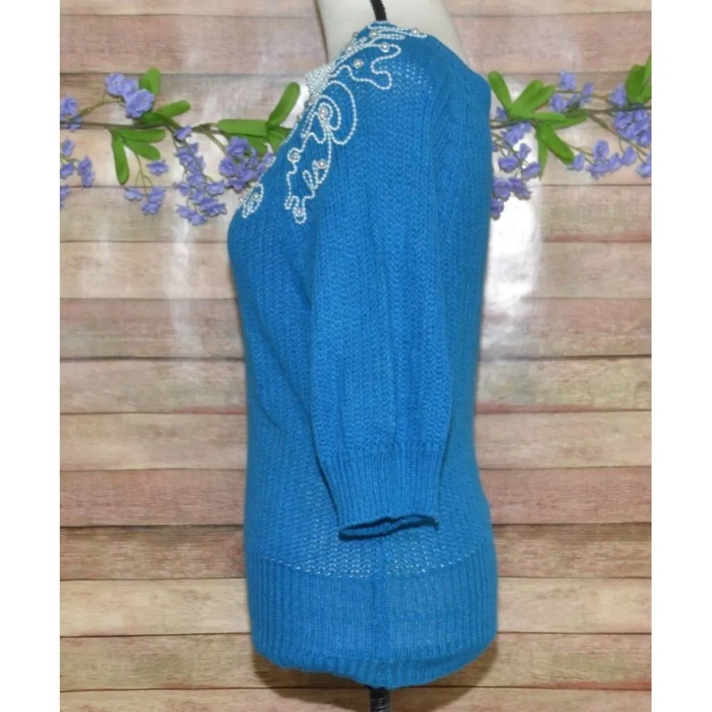 Faux Pearl Hand Embellished Vintage Ladies M Blue Silk Linen Agora Blend Sweater Size M - Image 7