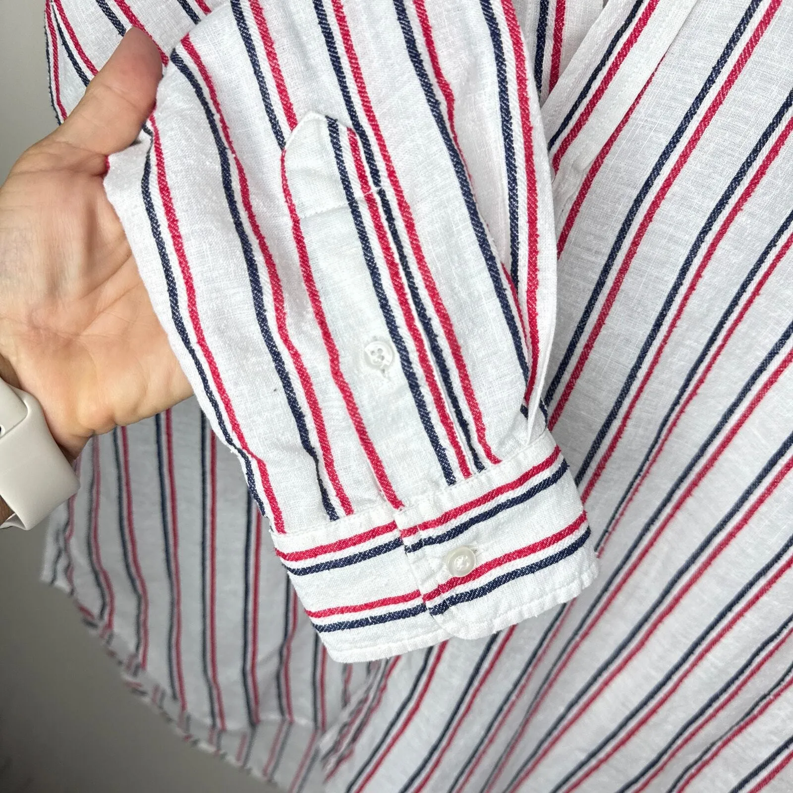 Frank & Eileen FRANK Classic‎ Linen Blend Red & Navy Striped Button Down Medium - Image 7