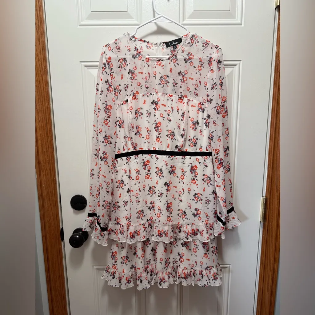 Lulu's Floral Feminine Flowy White Pink Long Sleeve Mini Dress XL - Image 4