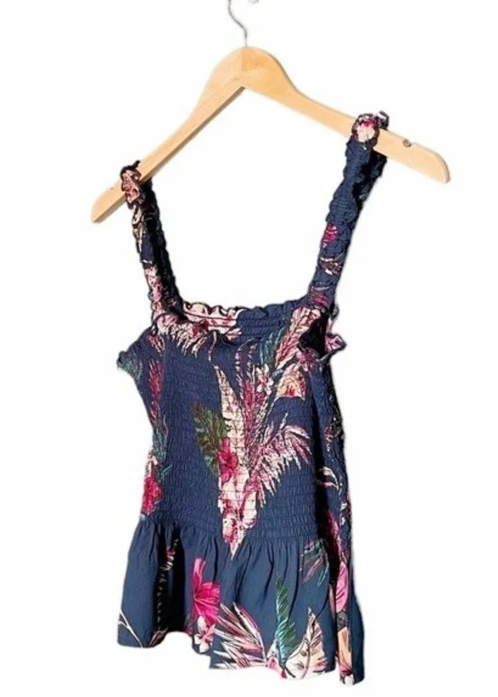 Patrons of Peace Floral Smocked Peplum Cropped Tank Navy Pink Women’s Size Small - Image 4