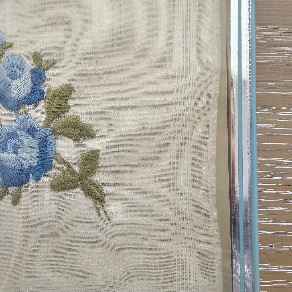 Set of 3 Vintage White Blue Flower Embroidery Handkerchiefs New in Box - Image 2