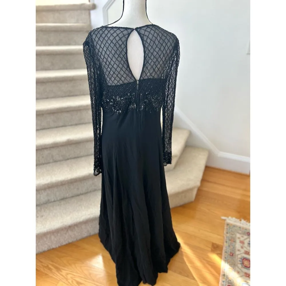 Vintage Jovani Black Silk Beaded Floral Illusion Full Length Maxi Gown - Image 8