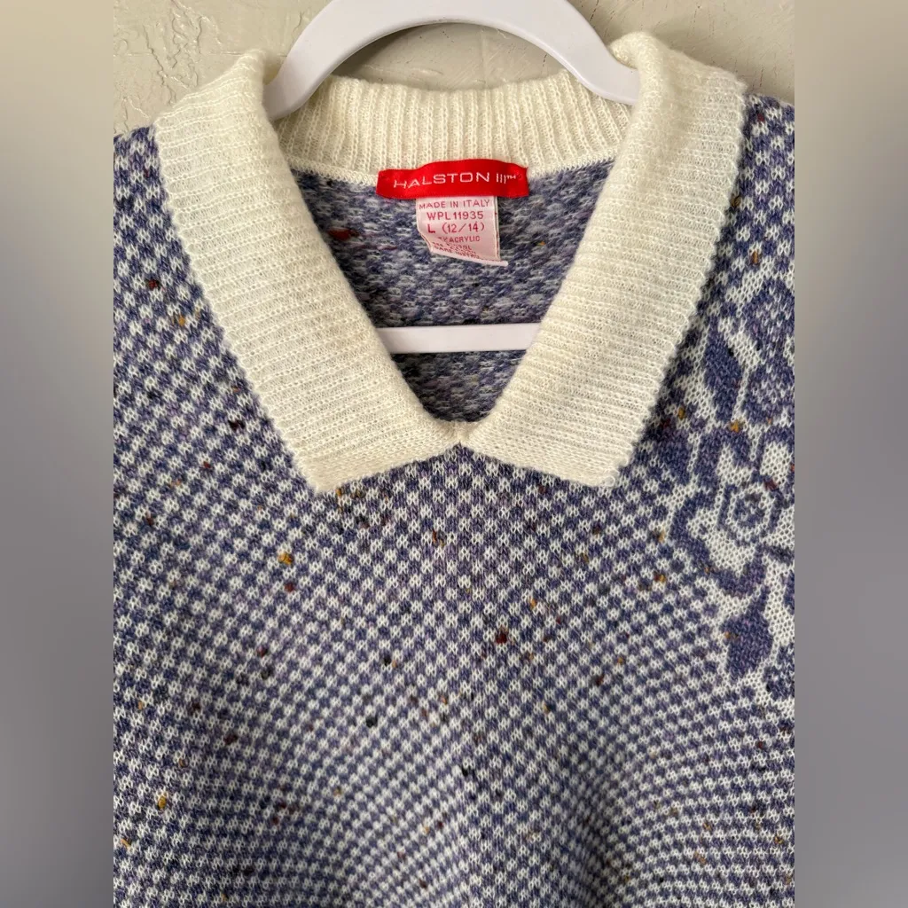 Vintage Halston III Wool Jumper Sweater Purple Wool Blend Front Tie L Italy Blue Size L - Image 4