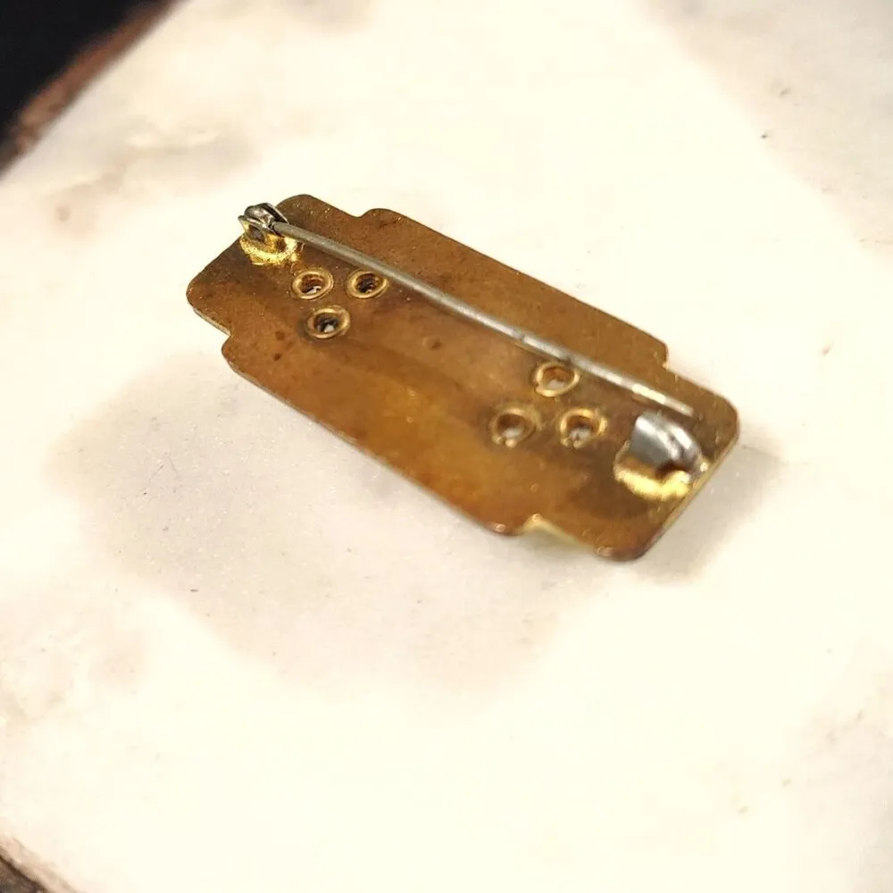 Vintage Art Deco Classic Clear Enamel Rhinestone Brooch Pin Green Black C Clasp Gold - Image 6