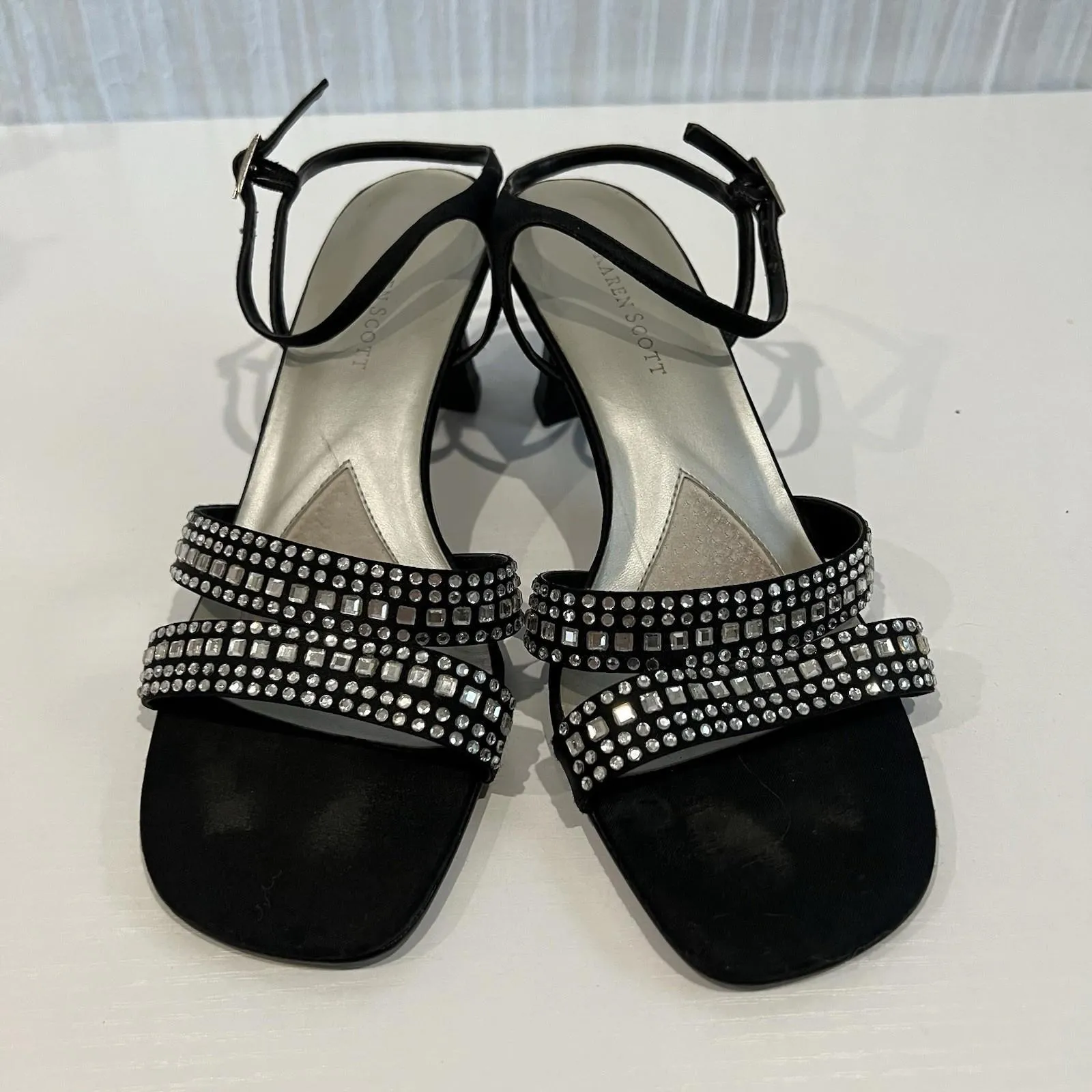 Karen Scott Black Satin Rhinestone Strappy Heels Sparkle Sz 6.5 Leather Soles - Image 3