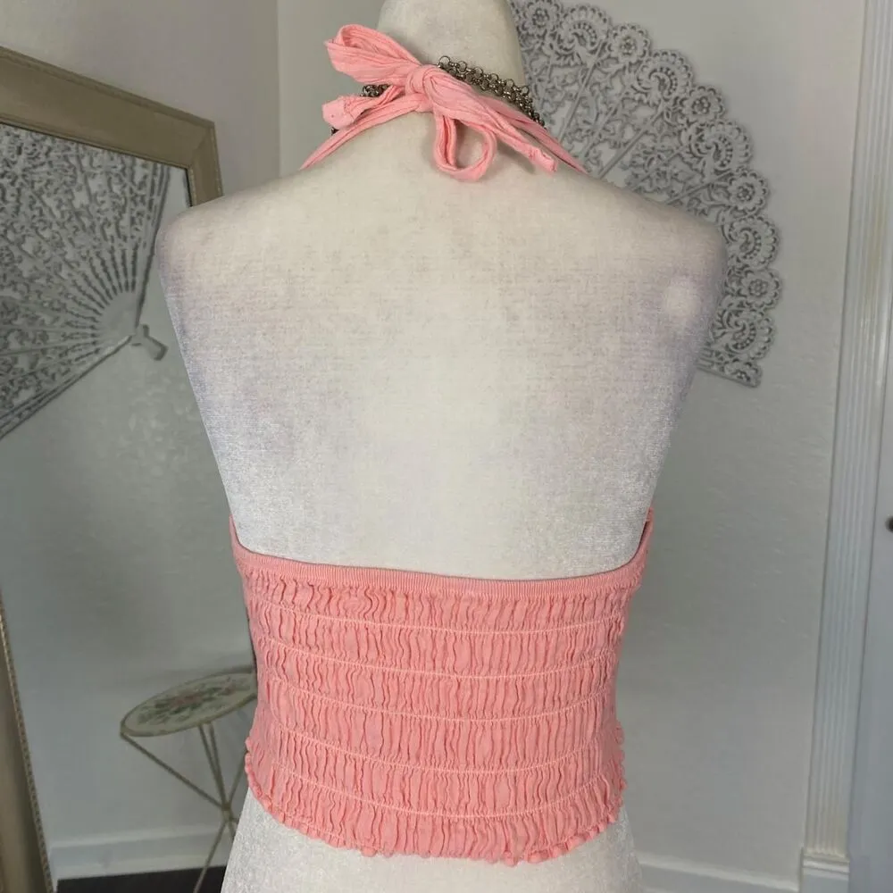 Mermaid Siren Salmon Pink Crochet Lace Halter Mini Crop Cropped Top S / M - Image 3