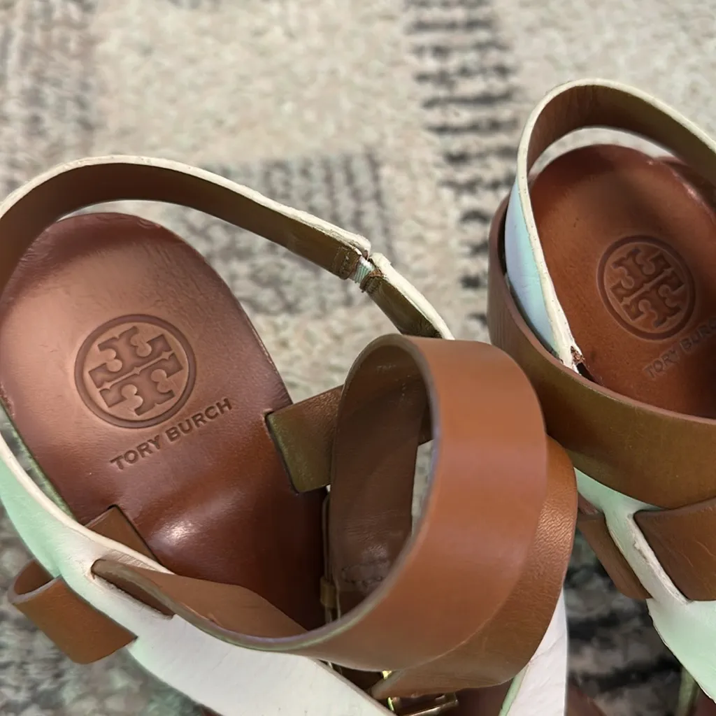 Tory Burch Marbella Brown and Cream Leather Heeled Sandals, W8 - Image 3