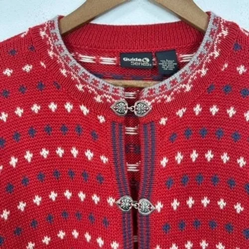 Guide Series Red Fair Isle Nordic Wool Blend Toggle Cardigan Sweater Heart Clasp - Image 3