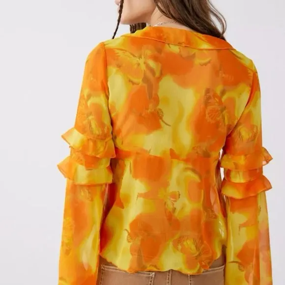 Urban Outfitters Janet Orange and Yellow Floral Butterfly Blouse - Image 4