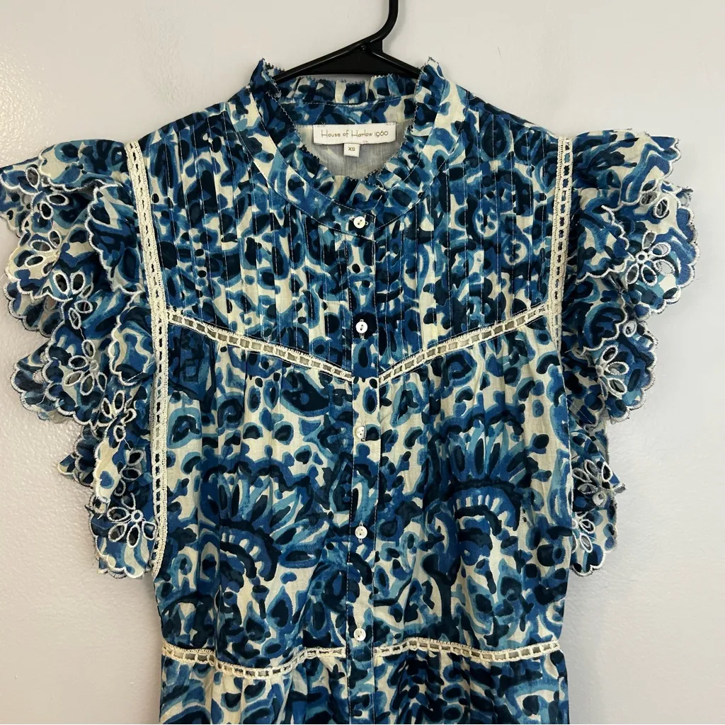 House of Harlow Melba Blue Floral Ruffle Button Front Sleeveless Mini Dress XS - Image 3