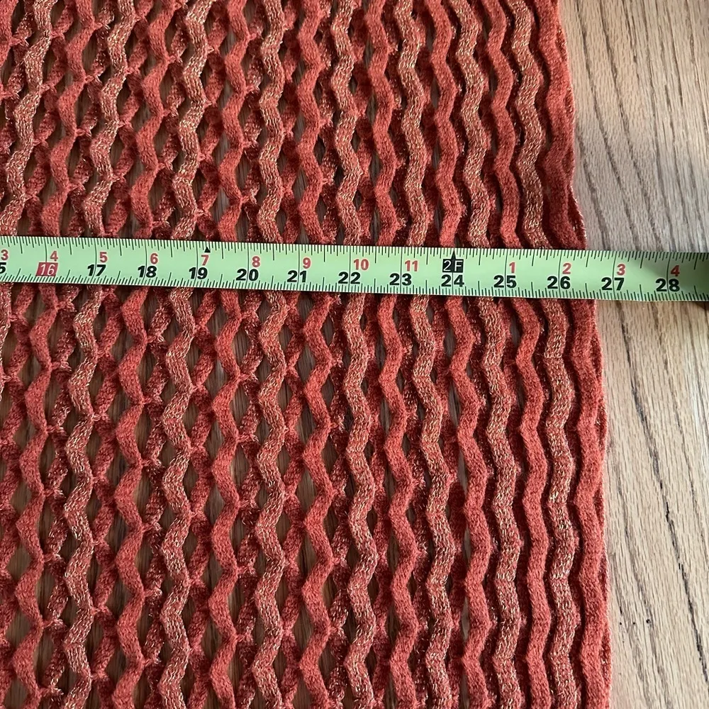 Bohemian Knit Shawl Handmade Hippie Wrap Orange Metallic Fringe Fall Winter - Image 6