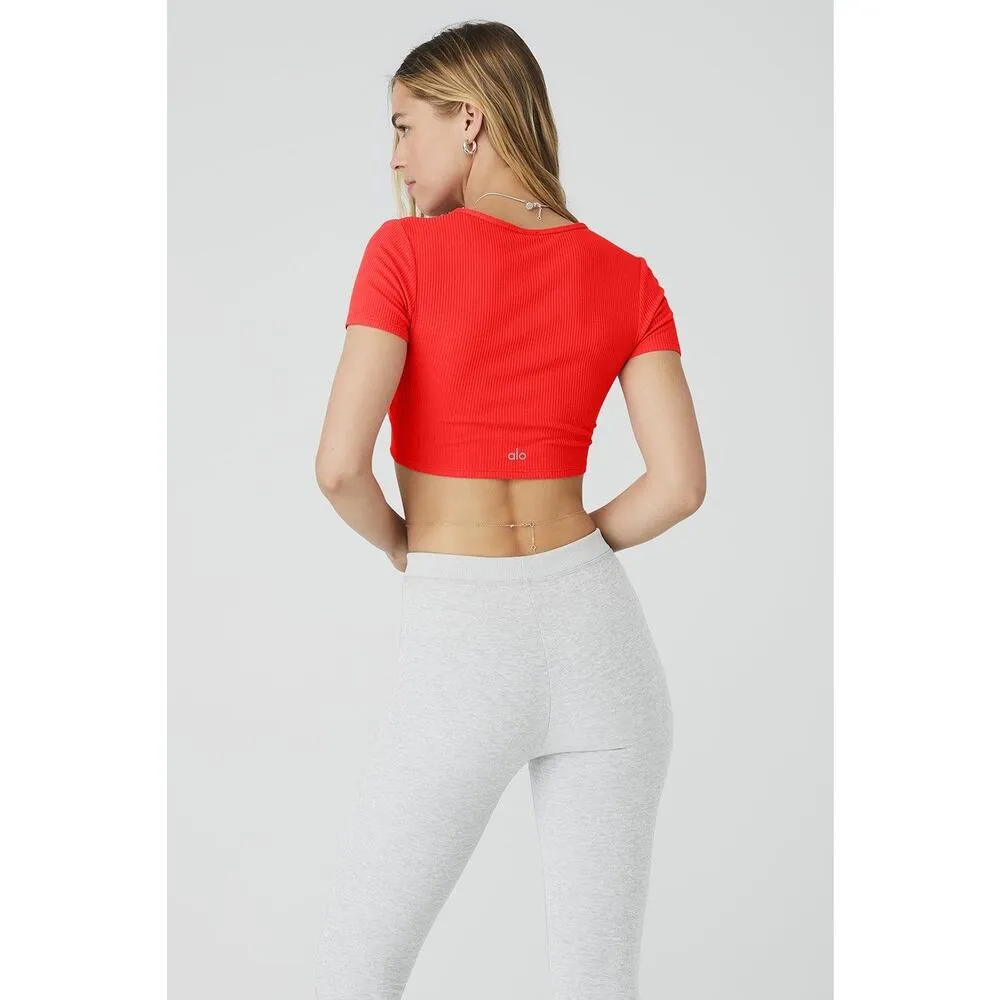 Alo Yoga Red Ribbed Knot Front Plunging V-neck Short Sleeve Crop Sports Bra Top - Image 3