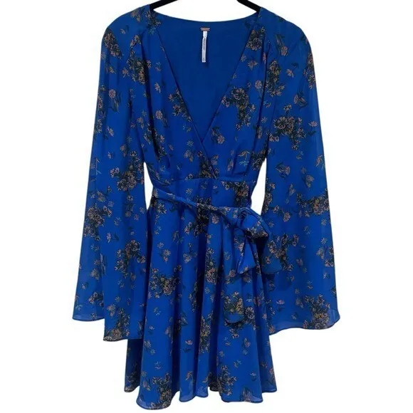Free People Lilou Printed Bell Sleeve Dress in Cobalt Combo Fairycore Size S - Image 3