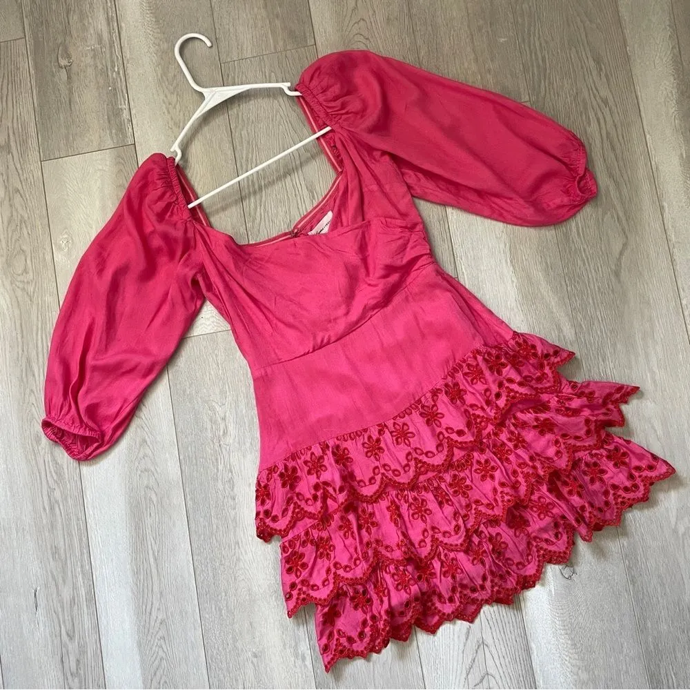Lovers + Friends (NWT) Aella Mini Dress Pink (xsmall) eyelet puff sleeve party - Image 2