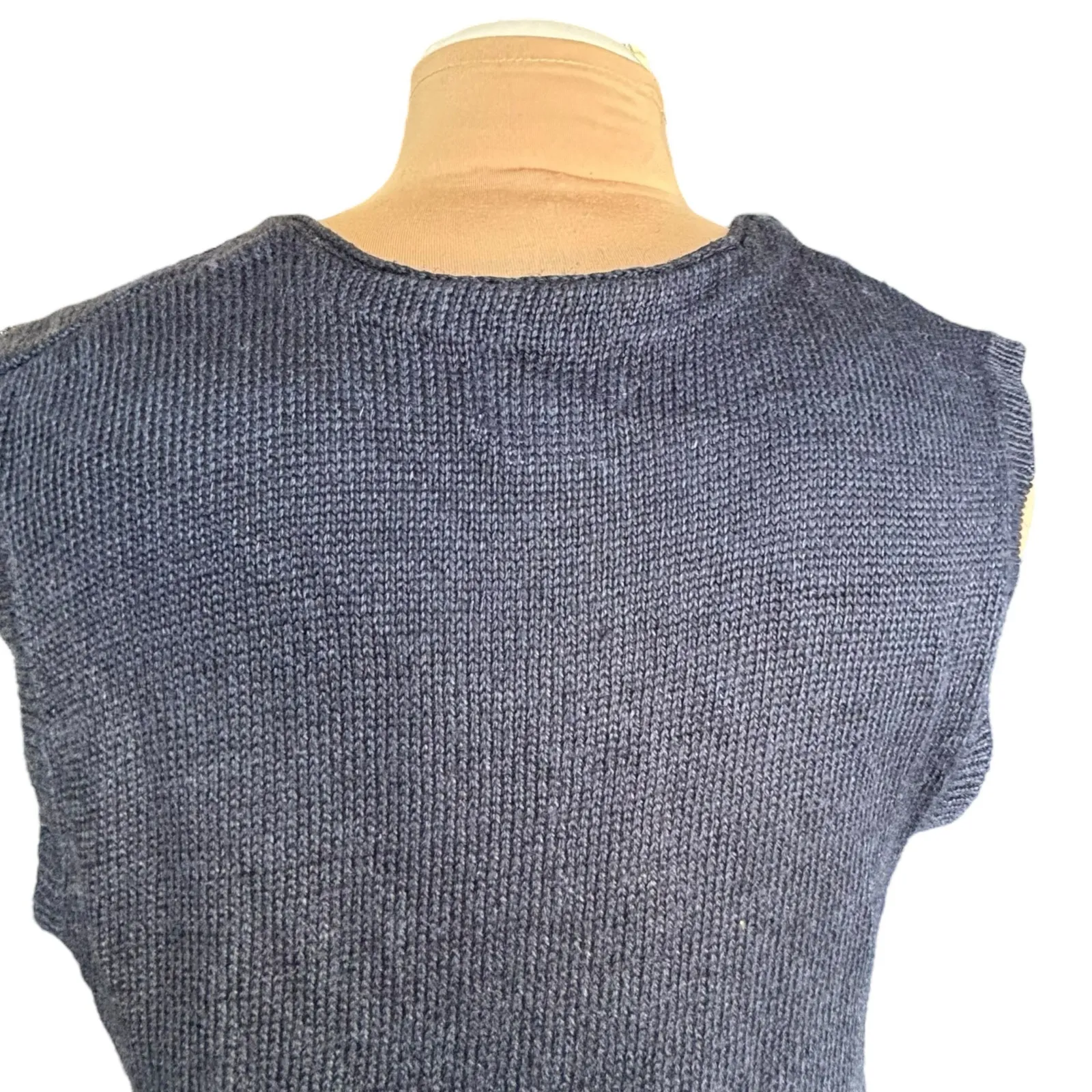 Vintage 90s Leslie Fay Navy Blue Knit Sweater Vest Geometric Plaid Vneck Medium - Image 4