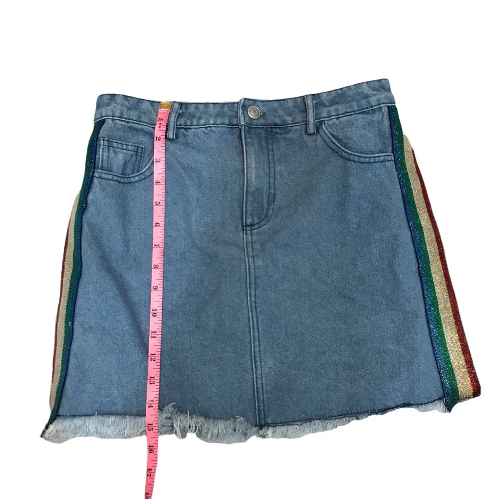 Denim Skirt Sans Souci Denim Skirt Mini skirt rainbow stripe on side 90s vibes - Image 4