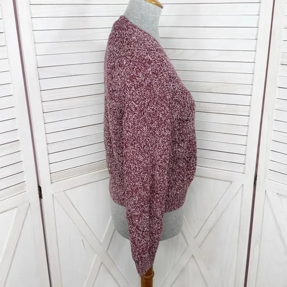 Old Navy Marled Pointelle Knit V Neck Crop Cardigan Sweater Burgundy Red Small - Image 4