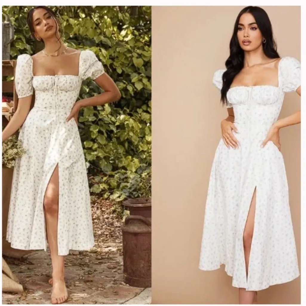 HOUSE OF CB 'Tallulah' White Floral‎ Puff Sleeve Midi Dress NWOT L - Image 11