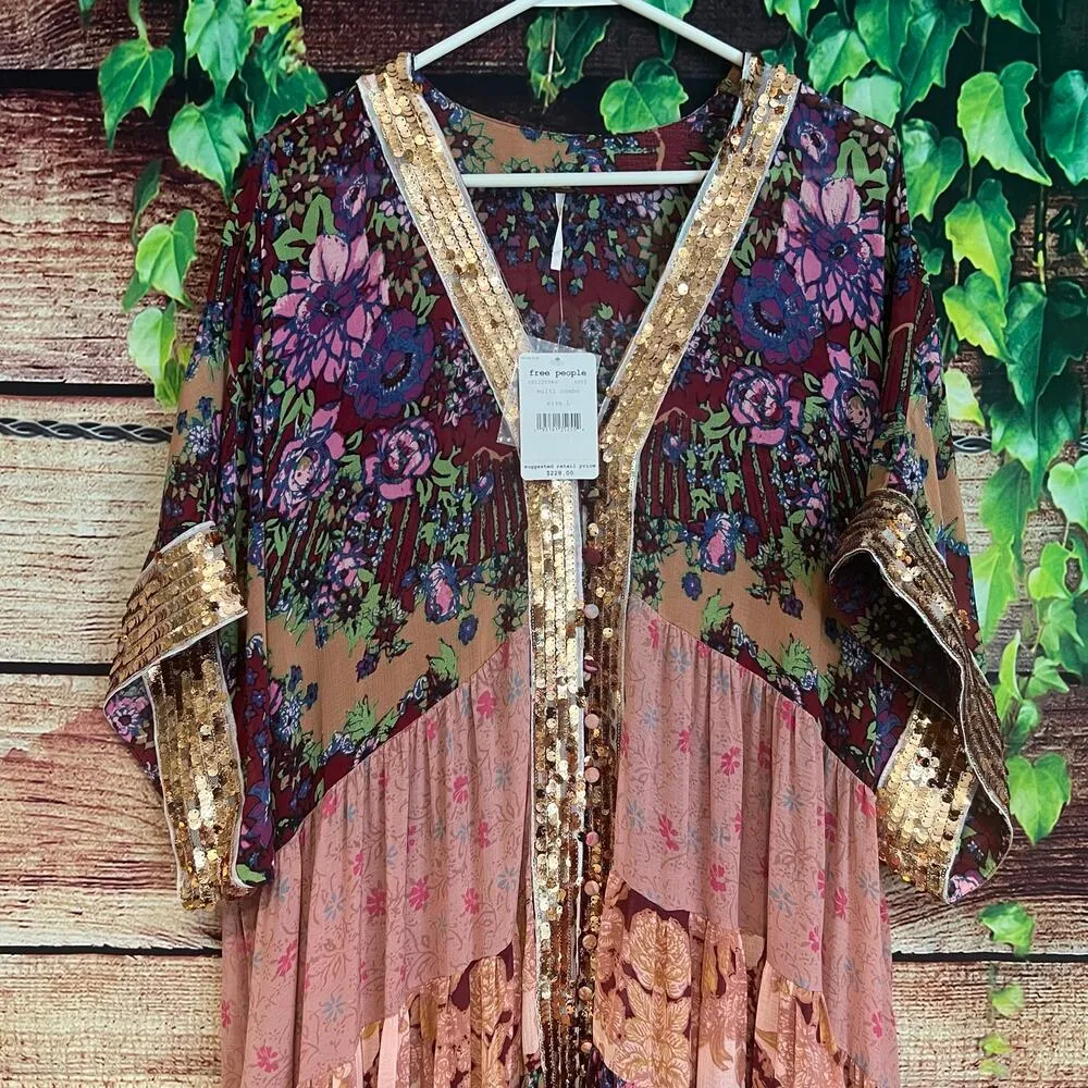 NWT Free People One Fine Day Maxi Duster Kimono Large Sheer Sequin Tiered Dress - Image 5